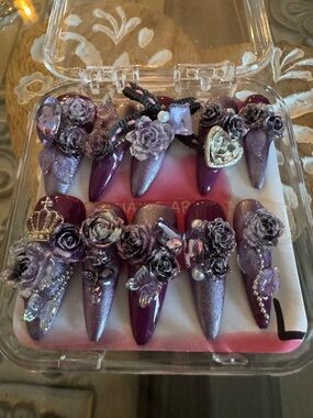 Bonita Nails Purple Glam Stiletto Press-On Nails with 3D Floral Accents
